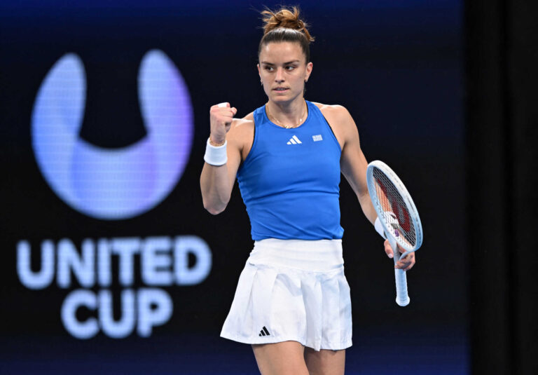 Tennis - United Cup - Ken Rosewall Arena, Sydney, Australia - January 5, 2024 Greece's Maria Sakkari reacts during her quarterfinal match against Germany's Angelique Kerber REUTERS