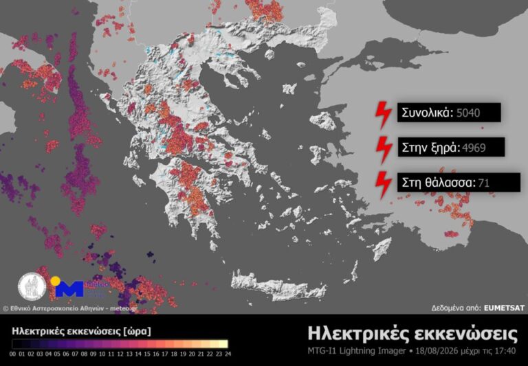 Πάνω από 5.000 ηλεκτρικές εκκενώσεις στην Ελλάδα σε 18 ώρες – Τι δείχνουν τα στοιχεία του Meteo-1