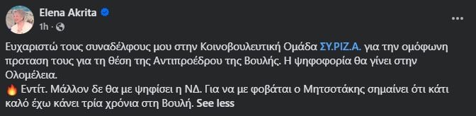 Δεν θα ψηφίσει η ΝΔ την Έλενα Ακρίτα για αντιπρόεδρο της Βουλής - Η απάντησή της και η ανακοίνωση του ΣΥΡΙΖΑ