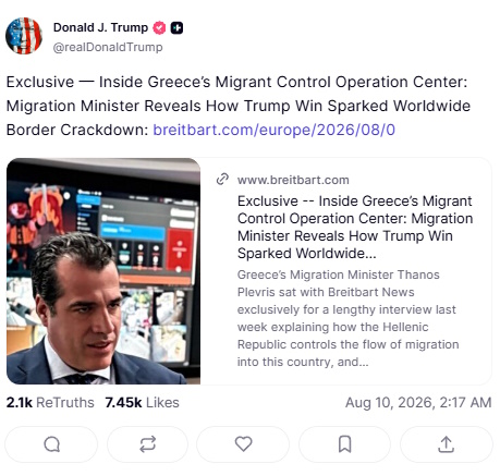 Πλεύρης στο Breitbart: Η επανεκλογή Τραμπ άλλαξε τη μεταναστευτική πολιτική – Η συνέντευξη που αναδημοσίευσε ο Αμερικανός πρόεδρος