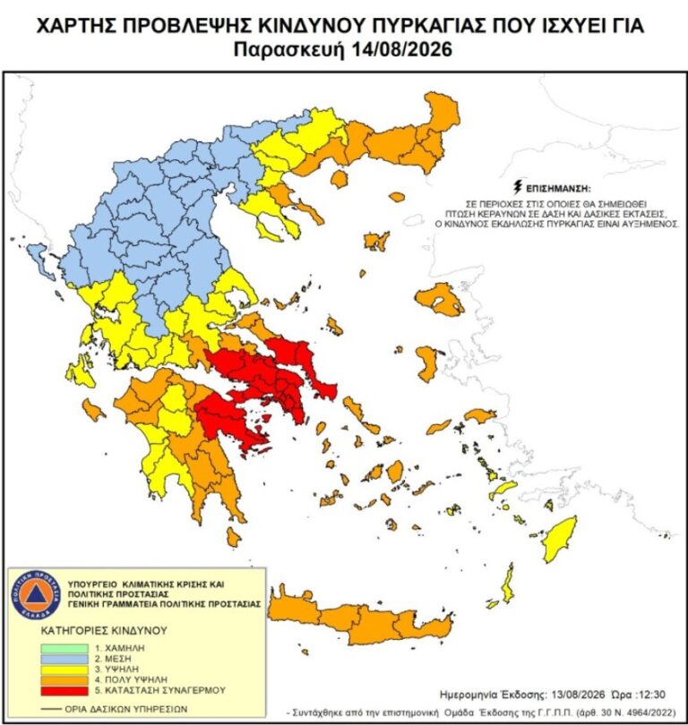 Ακραίος κίνδυνος πυρκαγιάς αύριο (14/8) σε Αττική, Βοιωτία, Εύβοια, Αργολίδα και Κορινθία